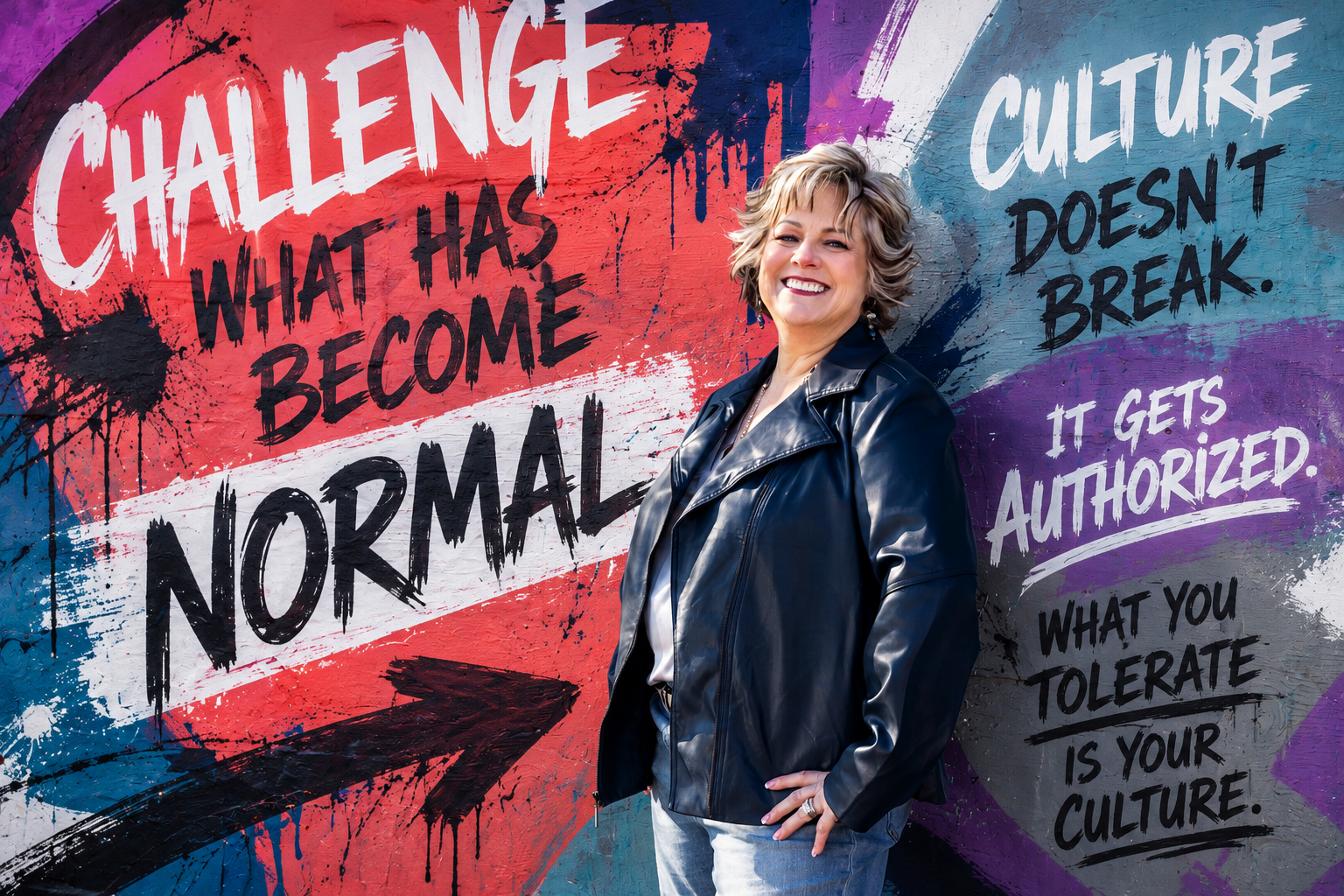 Dr. Lauran Star in front of a mural reading Challenge What Has Become Normal